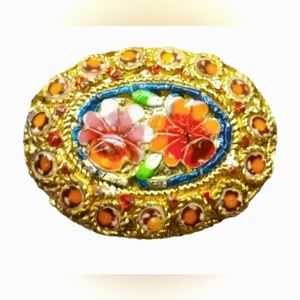 Vintage Italian Gold Tone Oval Micro-Mosaic Orange Glass Brooch Pin